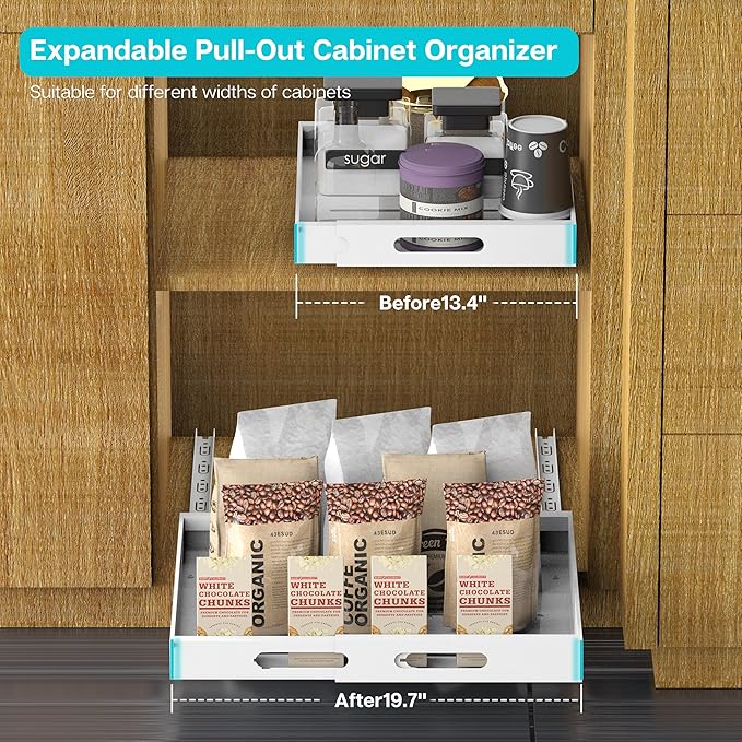 Expandable Pull Out Cabinet Organizer 17" Deep, Adhesive Pull Out Drawers For Cabinets 13.4"W - 19.7"W，No Drill Pull Out Cabinet Organizer Expandable, Expandablet Drawer For Kitchen, Pantry, Bathroom