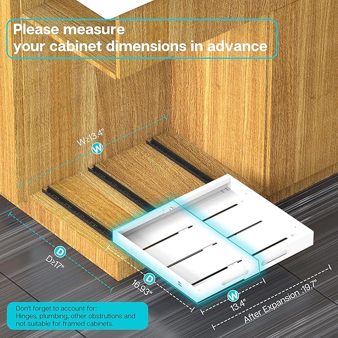 Expandable Pull Out Cabinet Organizer 17" Deep, Adhesive Pull Out Drawers For Cabinets 13.4"W - 19.7"W，No Drill Pull Out Cabinet Organizer Expandable, Expandablet Drawer For Kitchen, Pantry, Bathroom