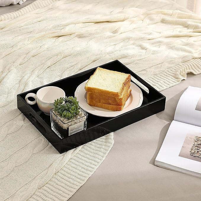 BEYLANG Glossy Black Sturdy Acrylic Serving Tray with Handles-12x20Inch-Serving Coffee,Appetizer,Breakfast,Butler-Kitchen Countertop Tray-Makeup Drawer Organizer-Vanity Table,Ottoman Tray-Decorative