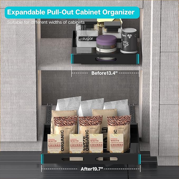 Expandable Pull Out Cabinet Organizer - 17" Deep, Adhesive No Drill, Expandable Drawer For Kitchen, Pantry, Bathroom