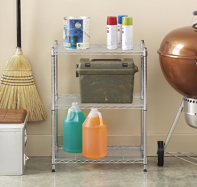 Whitmor 3 Tier Shelving Unit, Metal Storage Shelves, 400 lbs Capacity per Shelf, 1200 lbs Total, Adjustable Heavy Duty Shelf for Kitchen, Garage, Plant, 23" L x 13" W x 30" H, Chrome