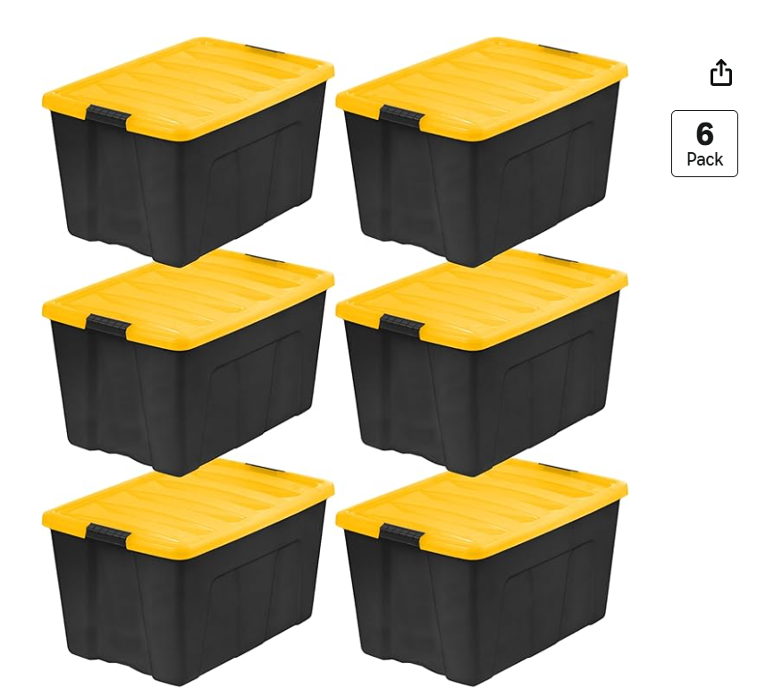 IRIS USA 72 Qt Stackable Plastic Storage Bins with Lids, 6 Pack - BPA-Free, Made in USA - Garage Organizing Solution, Latches, Durable Nestable Containers, Secure Pull Handle - Black/Yellow
