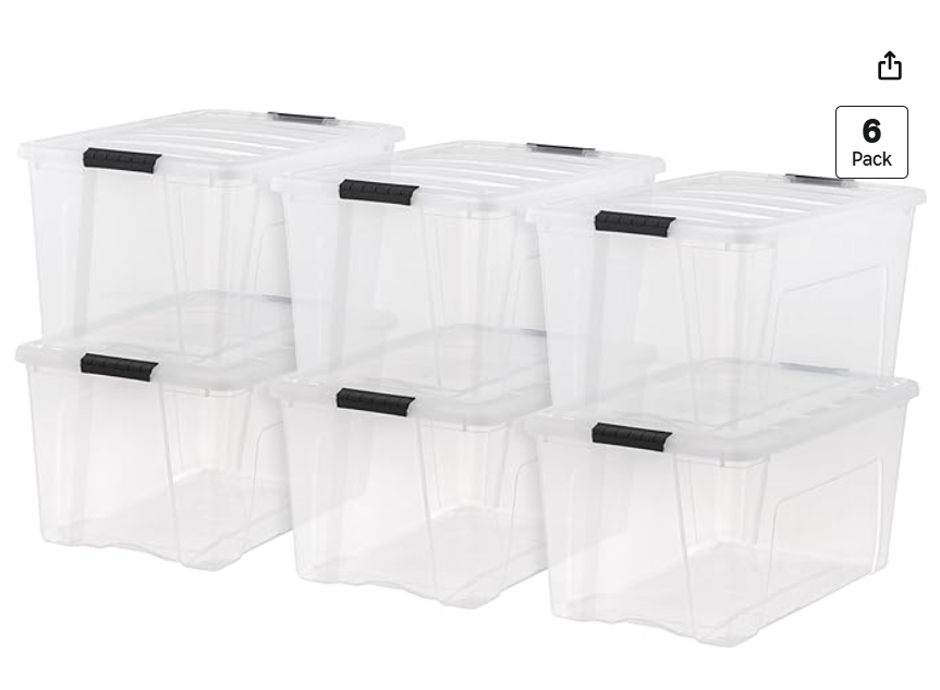 IRIS USA 72 Qt Stackable Plastic Storage Bins with Lids, 6 Pack - BPA-Free, Made in USA - See-Through Organizing Solution, Latches, Durable Nestable Containers, Secure Pull Handle - Clear