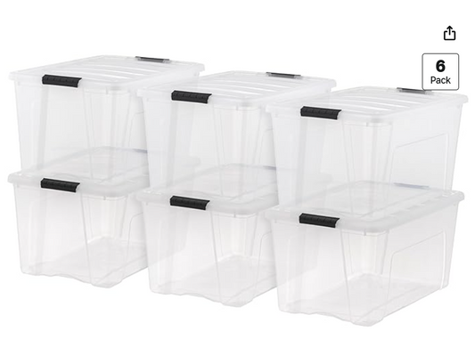 IRIS USA 72 Qt Stackable Plastic Storage Bins with Lids, 6 Pack - BPA-Free, Made in USA - See-Through Organizing Solution, Latches, Durable Nestable Containers, Secure Pull Handle - Clear